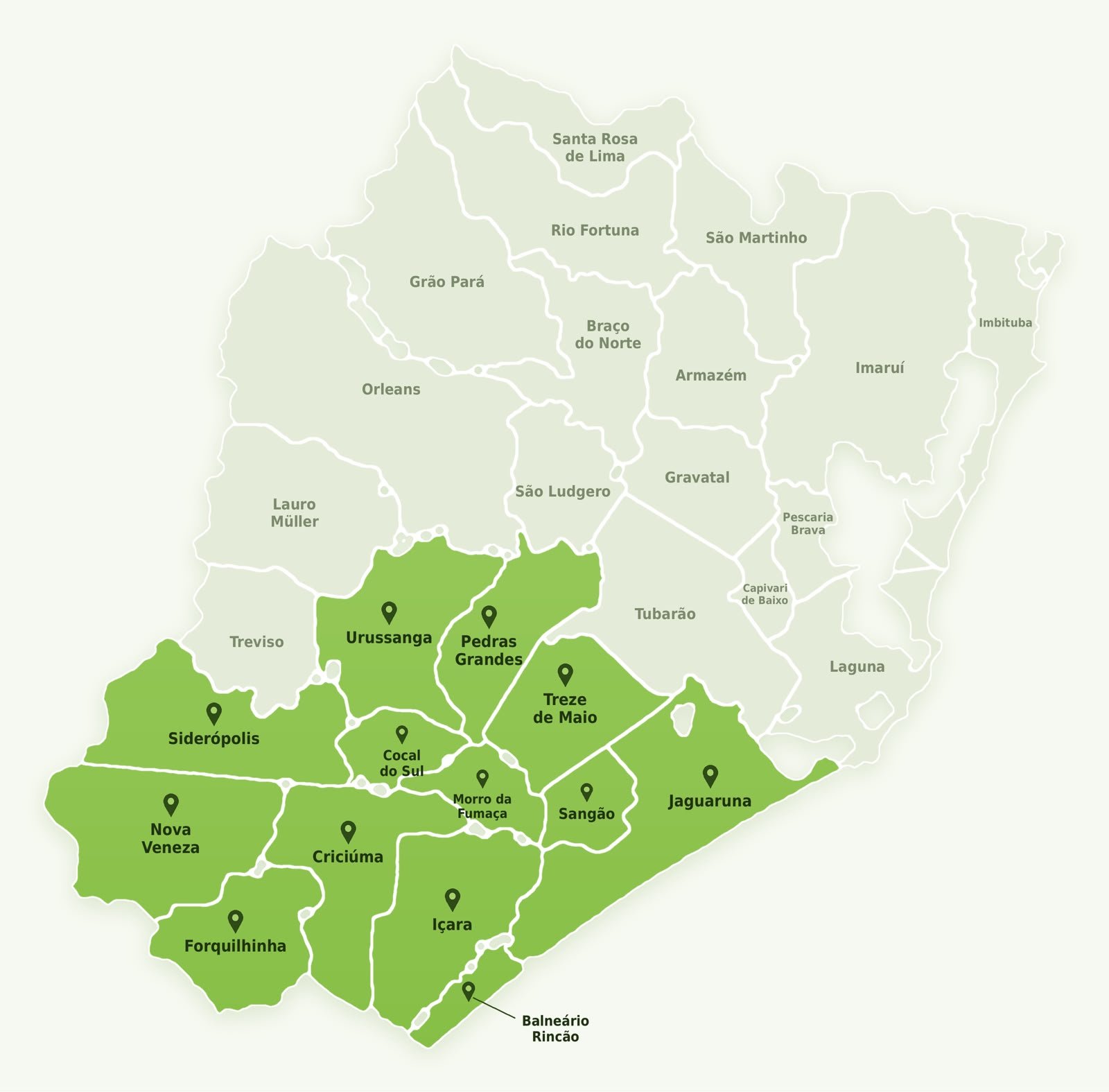 Mapa das cidades com cobertura da BandaTurbo no Sul de Santa Catarina